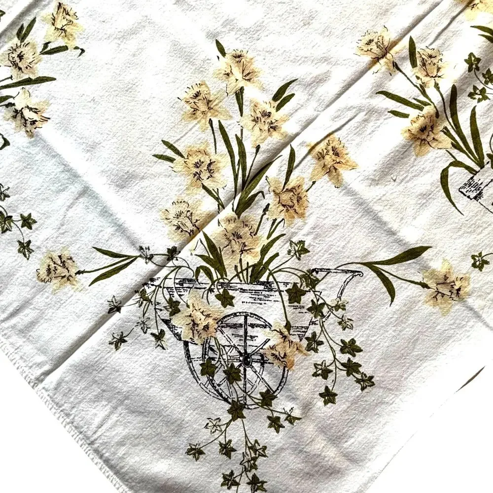 Vintage Mid Century Printed Cotton Tablecloth White Yellow Green Rectangle FLAWS
